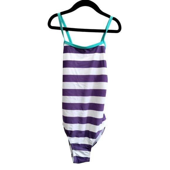 Kanu Surf Girl Beach Sport Banded One Piece Swimsuit Layla Purple Stripe Size 14 - Picture 2 of 11